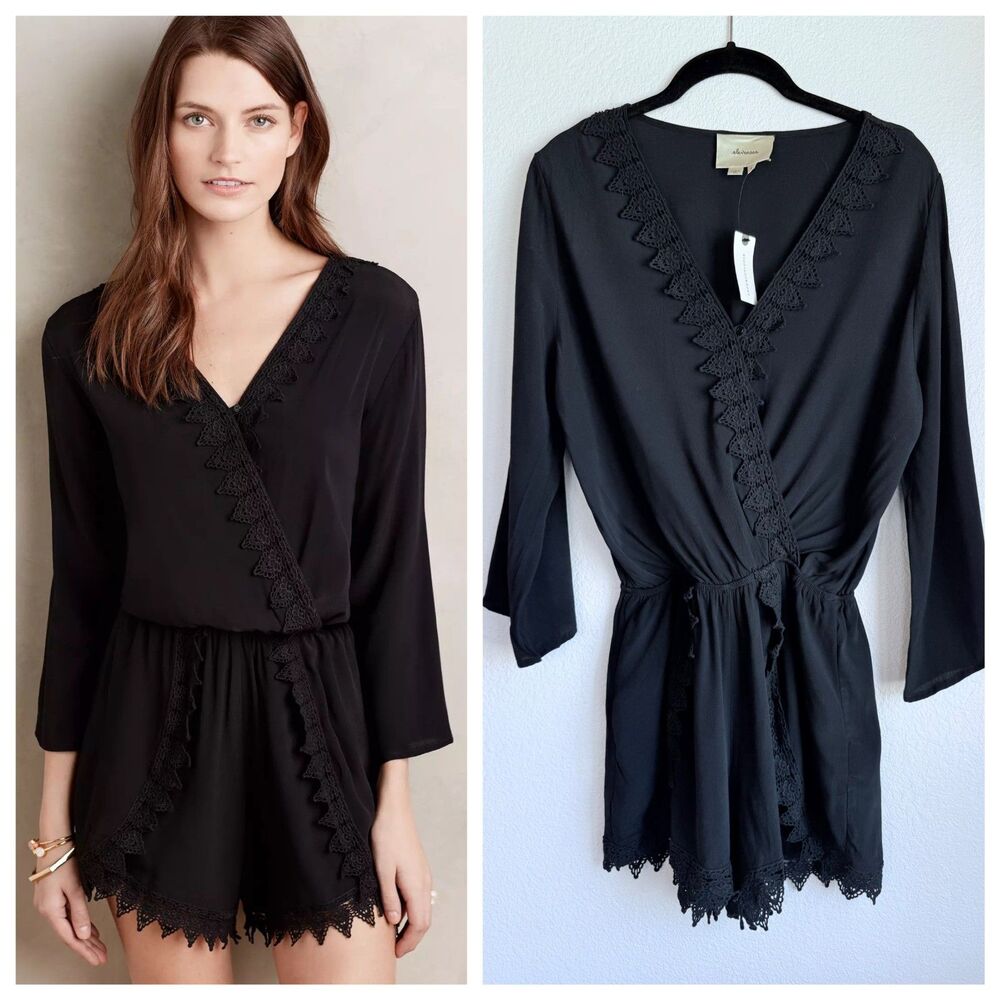 NWT Anthropologie Elevenses Lace-Trimmed Romper 3/4 Sleeves V-Neck in Black Sz M